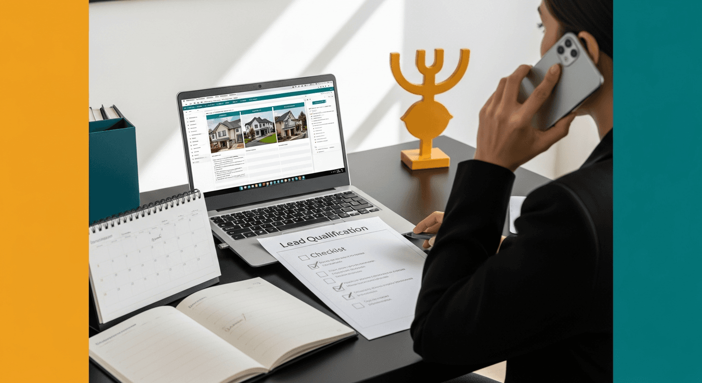 Immobilienmakler qualifiziert einen Käufer-Lead vor einer Besichtigung mit Checkliste und Telefonat