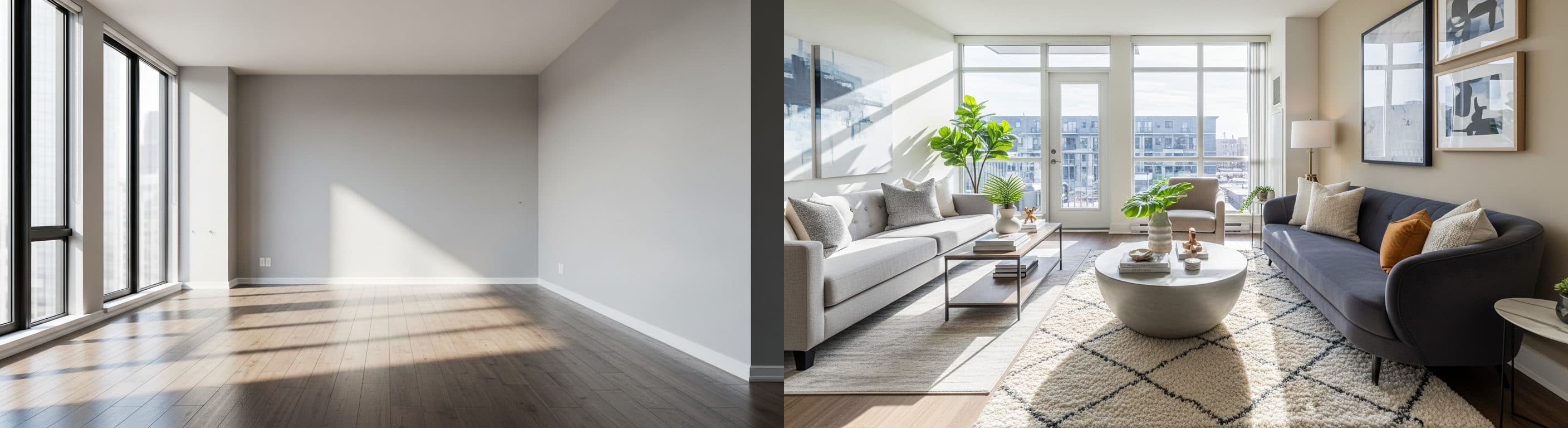 Wohnzimmer: vor vs. nach virtuellem Staging