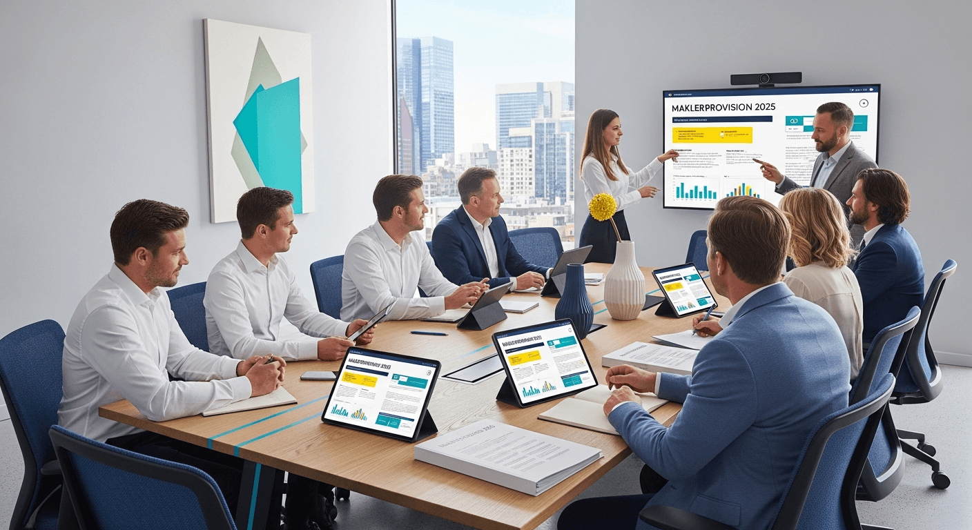 Illustration eines Immobilienmaklers, der die Maklerprovision 2025 mit Käufern und Verkäufern an einem Immobilientisch bespricht