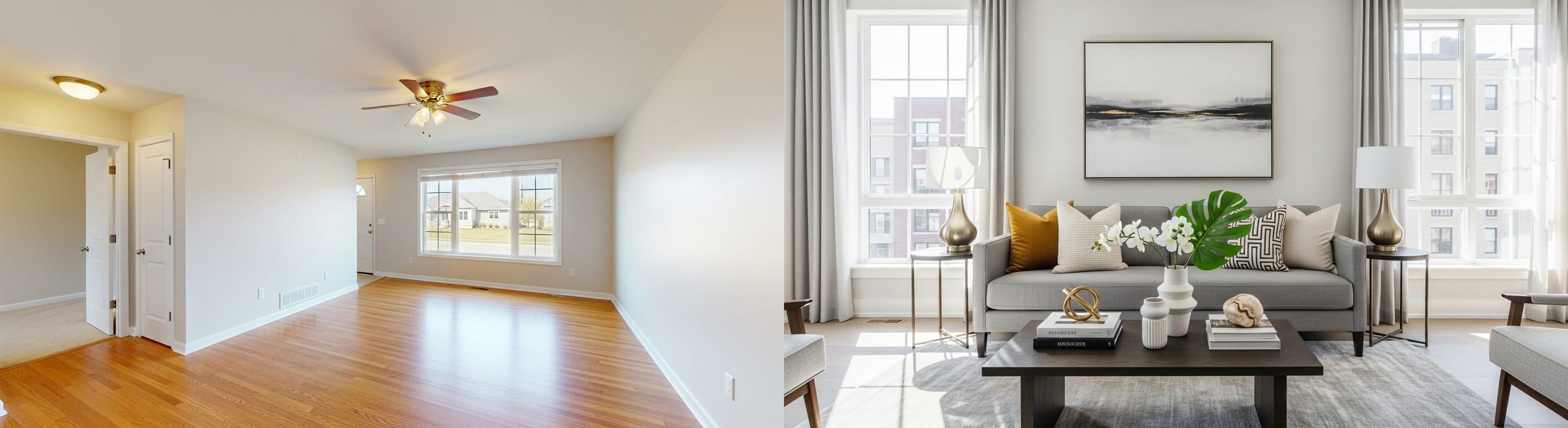 Wohnzimmer: Vorher vs. Nachher virtuelles Staging