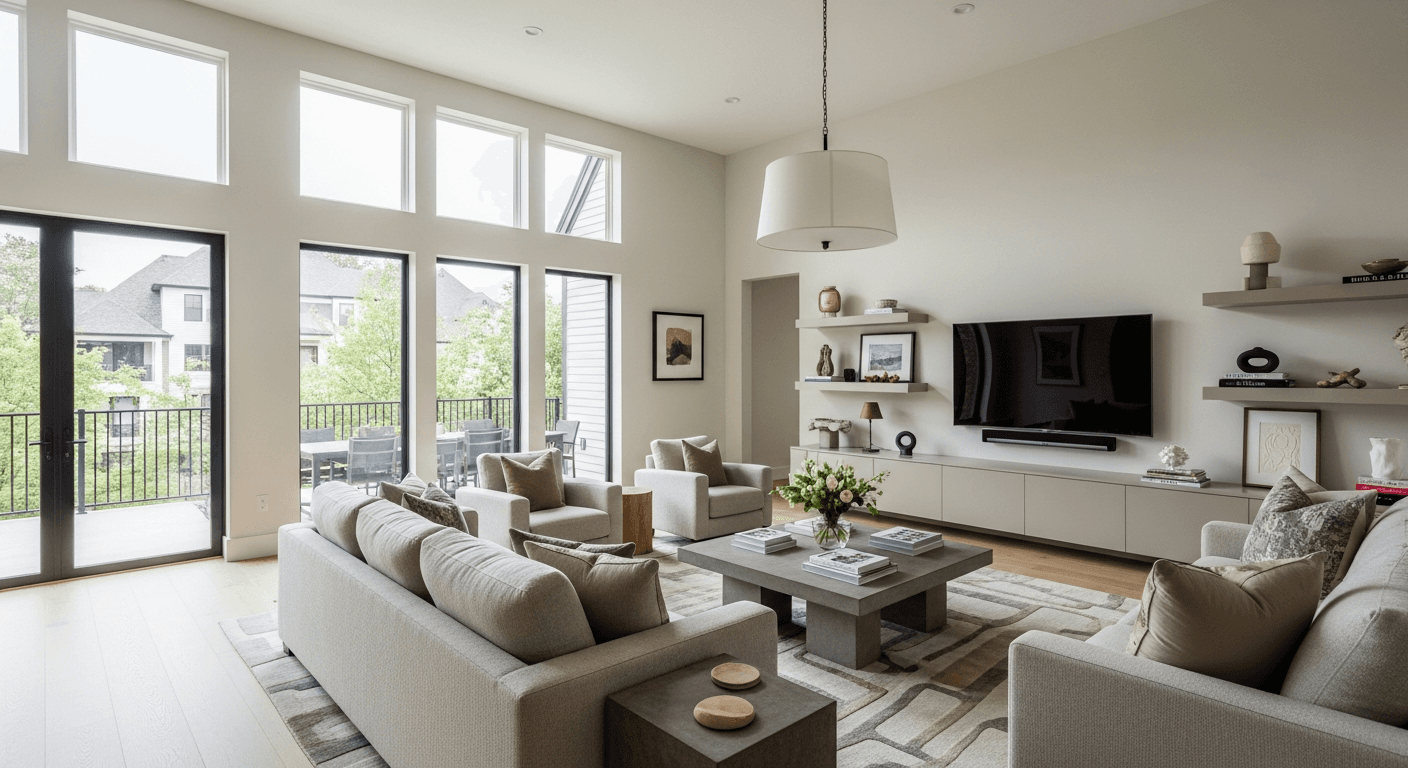 Professional real estate photo using HDR and wide-angle lens showing a spacious living room