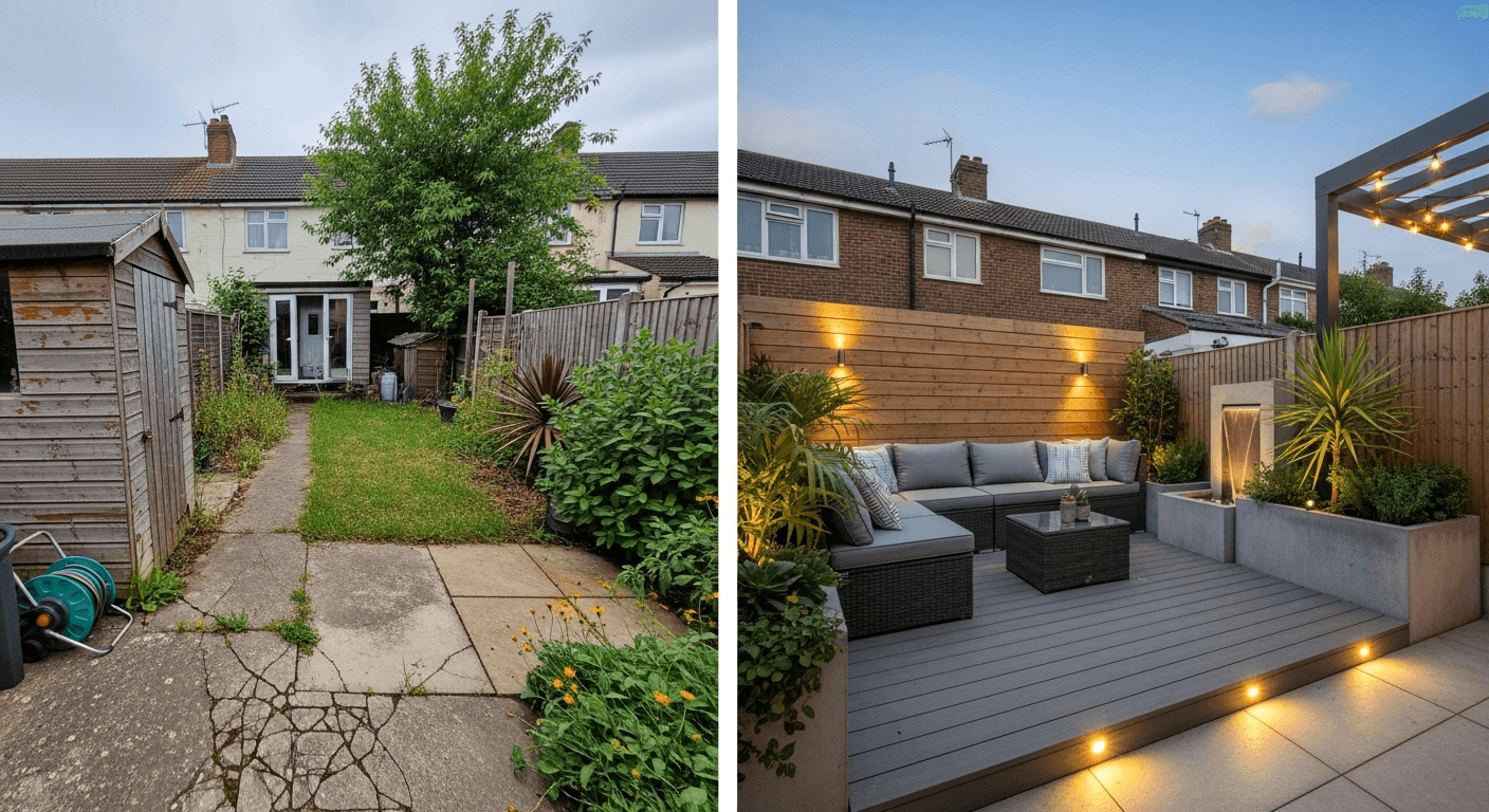 Before and after image of a garden upgrade showing mini changes with maxi impact