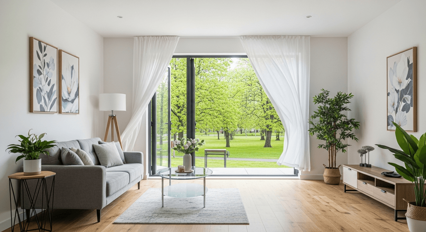 Ein frisches, einladendes Wohnzimmer, frei von Gerüchen und Feuchtigkeit, das effektives Home Staging zeigt