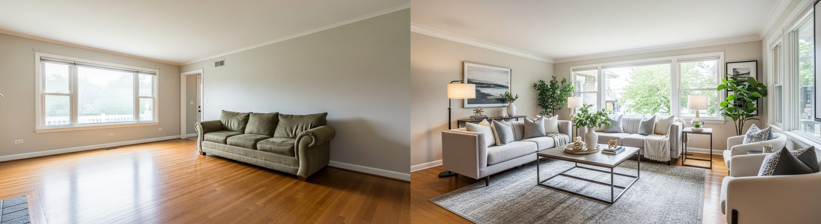 Living Room: before vs after virtual staging