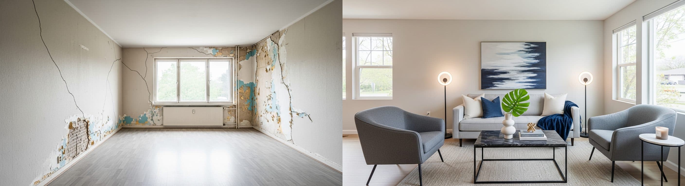 Living Room: before vs after virtual staging