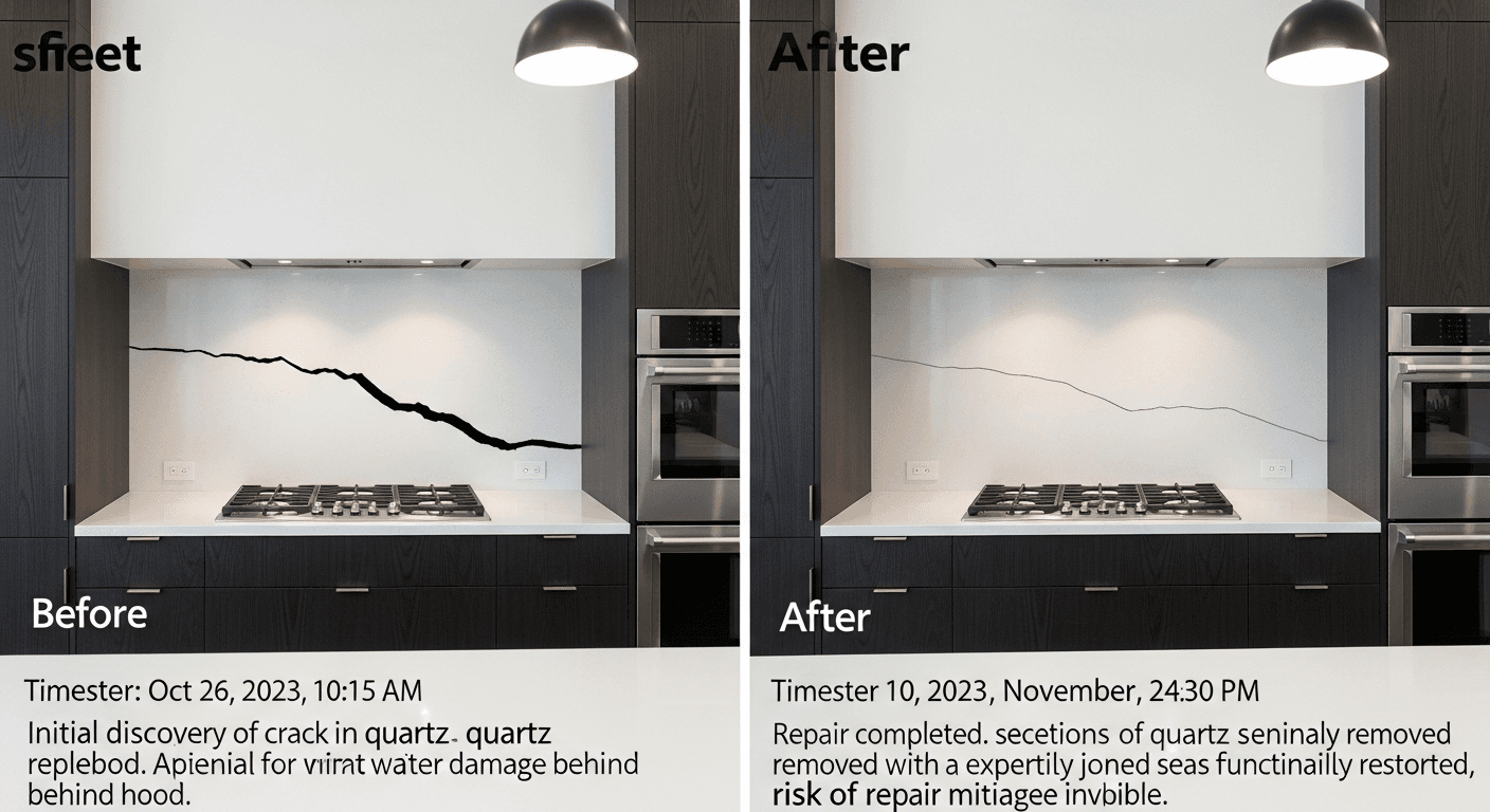 Before and after photo of a repaired home defect in a staged living room