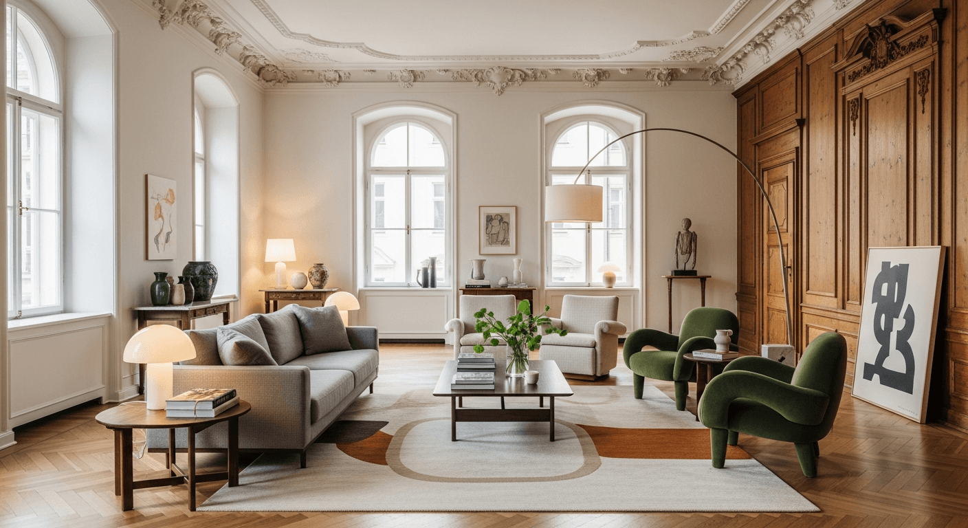 Gemütliches historisches Wohnzimmer mit betontem Charme durch Staging