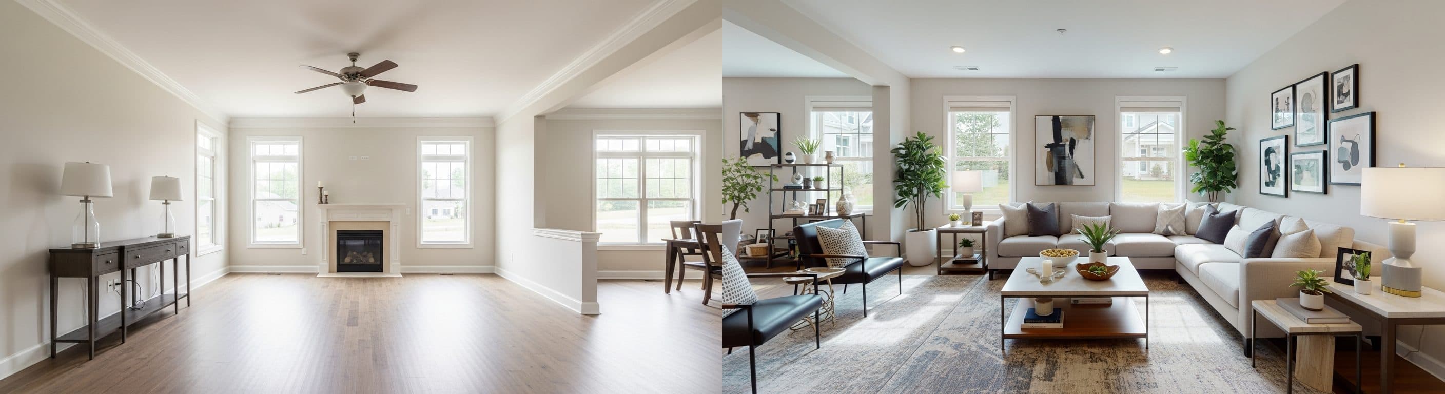 Wohnzimmer: Vorher vs. Nachher virtuelles Staging