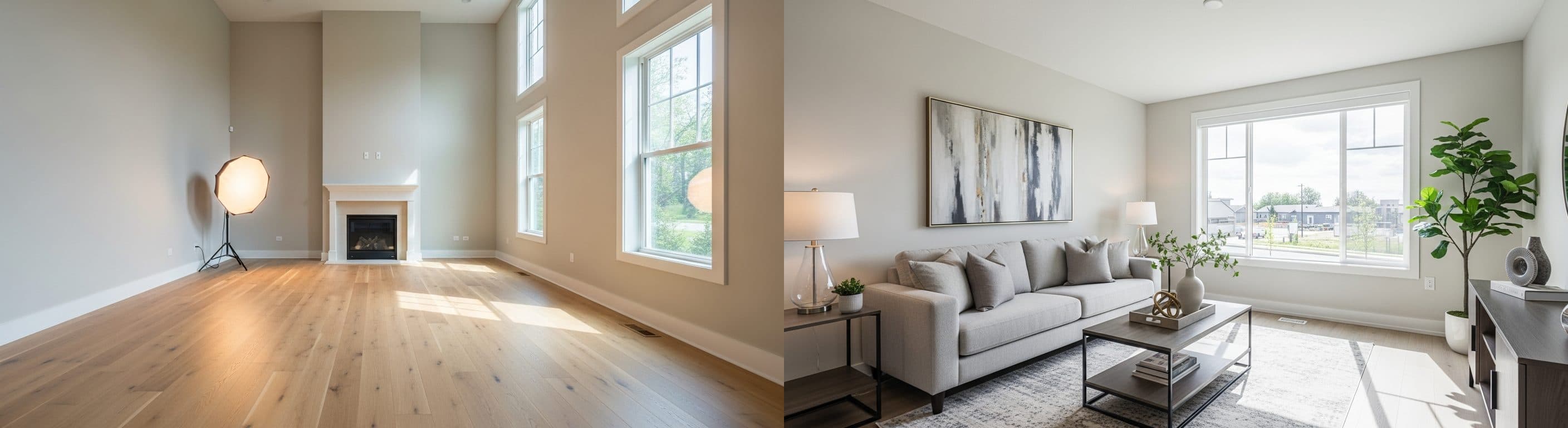 Wohnzimmer: vor vs. nach virtuellem Staging