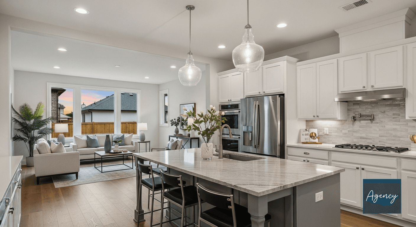 Immobilienmakler präsentiert visuell gebrandetes Immobilienangebot mit modernem Staging