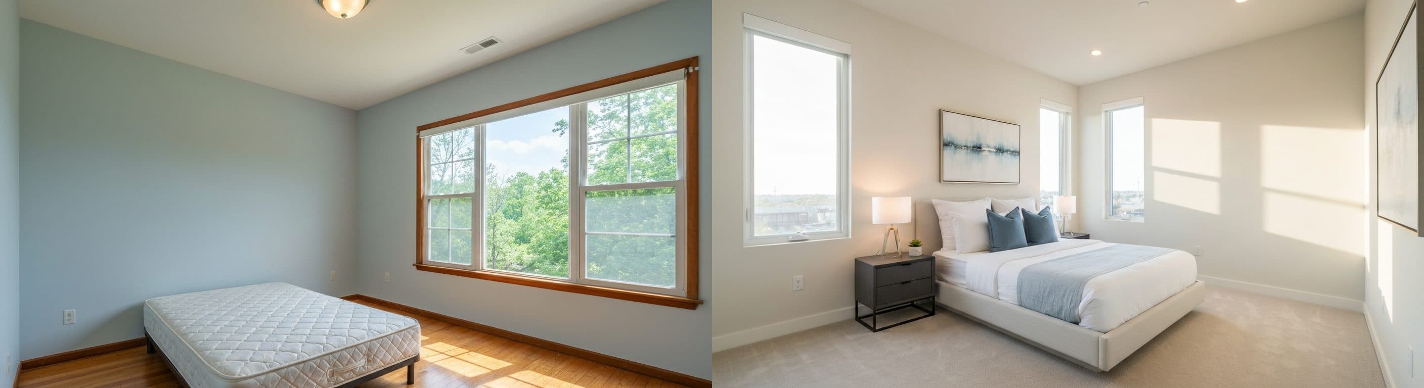 Schlafzimmer: vor vs. nach virtuellem Staging