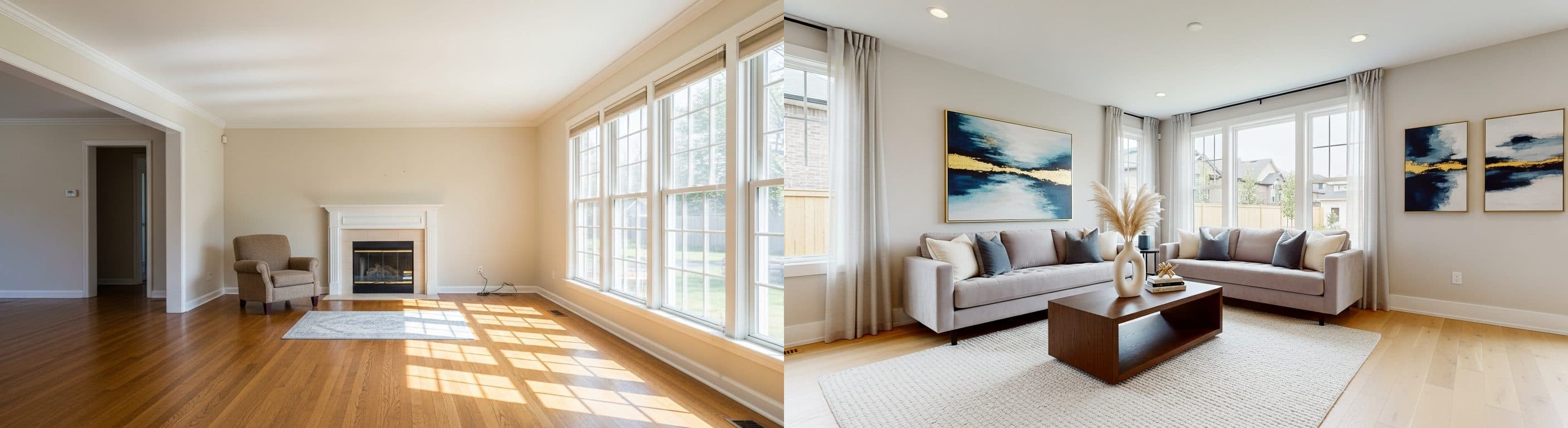 Wohnzimmer: vor vs. nach virtuellem Staging