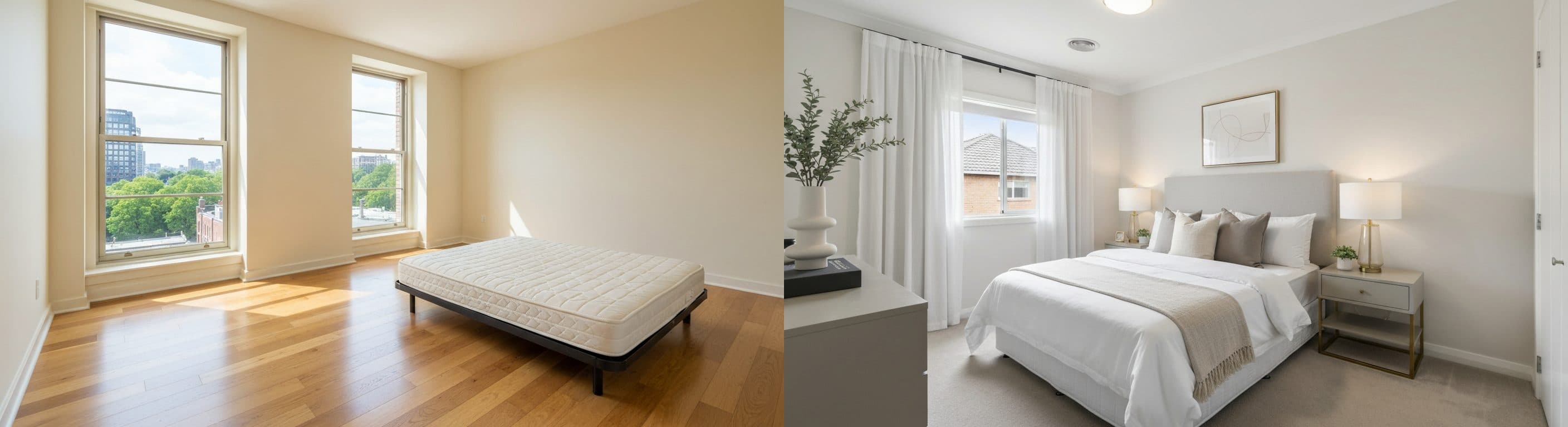 Schlafzimmer: vor vs. nach virtuellem Staging
