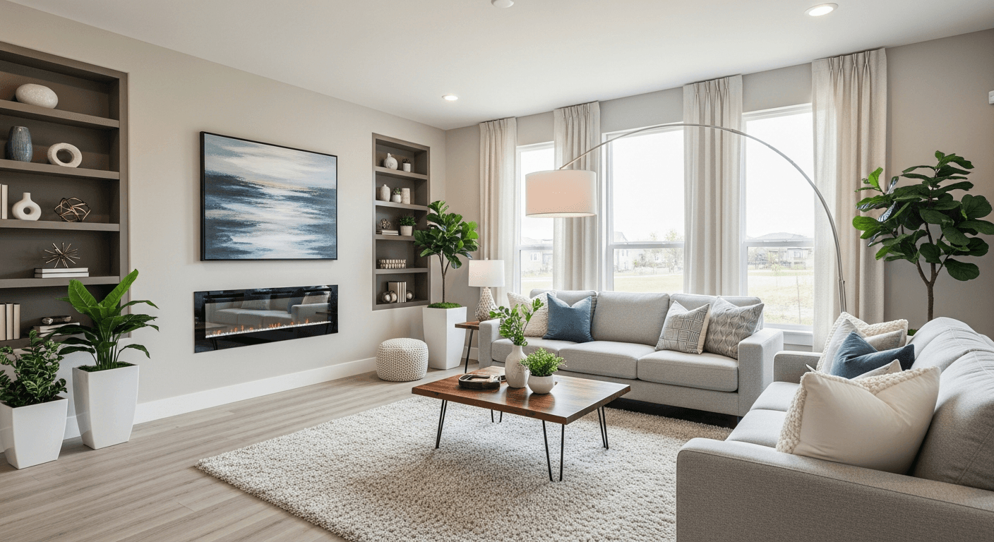 Ein wunderschön inszeniertes Wohnzimmer in einem Immobilienexposé, das moderne Möbel und neutrale Töne präsentiert, um Käufer anzuziehen