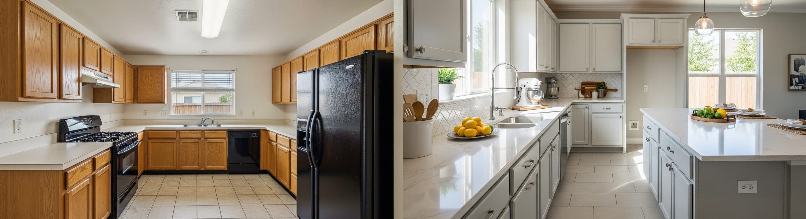 Küche: vor vs. nach virtuellem Staging