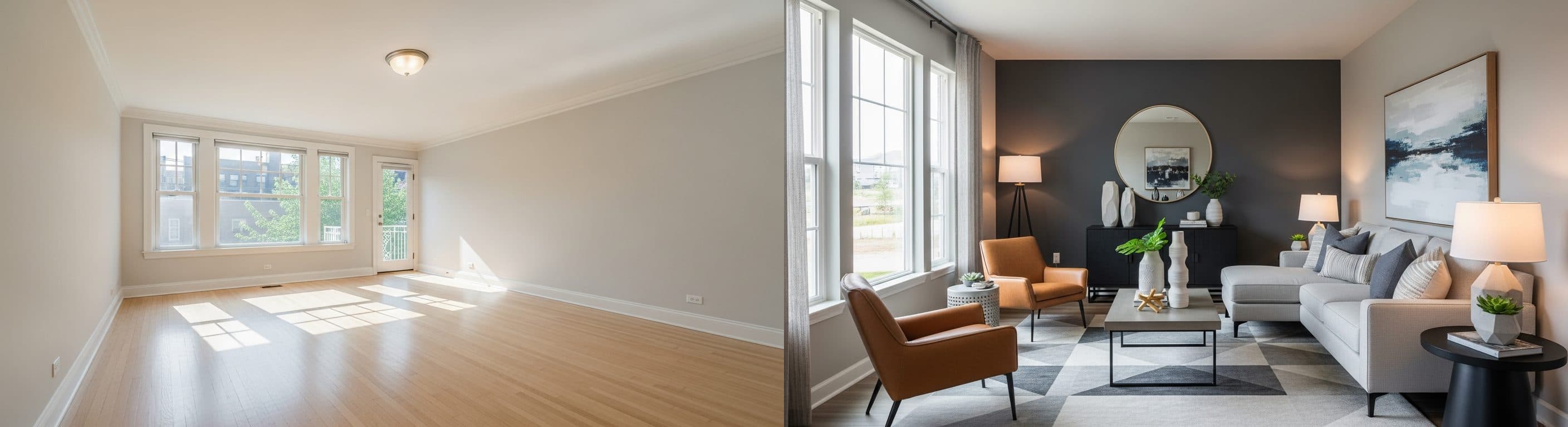 Wohnzimmer: Vorher vs. Nachher virtuelles Staging