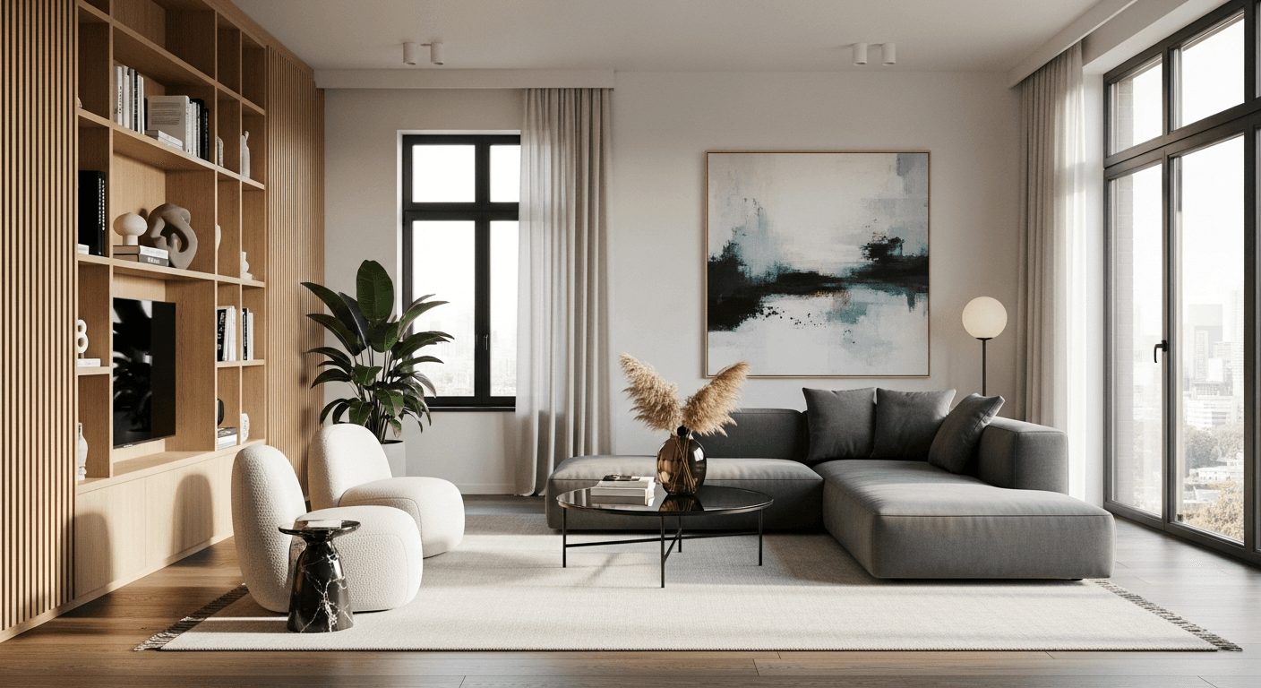 Professionelles Immobilienfoto mit HDR und Weitwinkelobjektiv, das ein helles, geräumiges Wohnzimmer zeigt