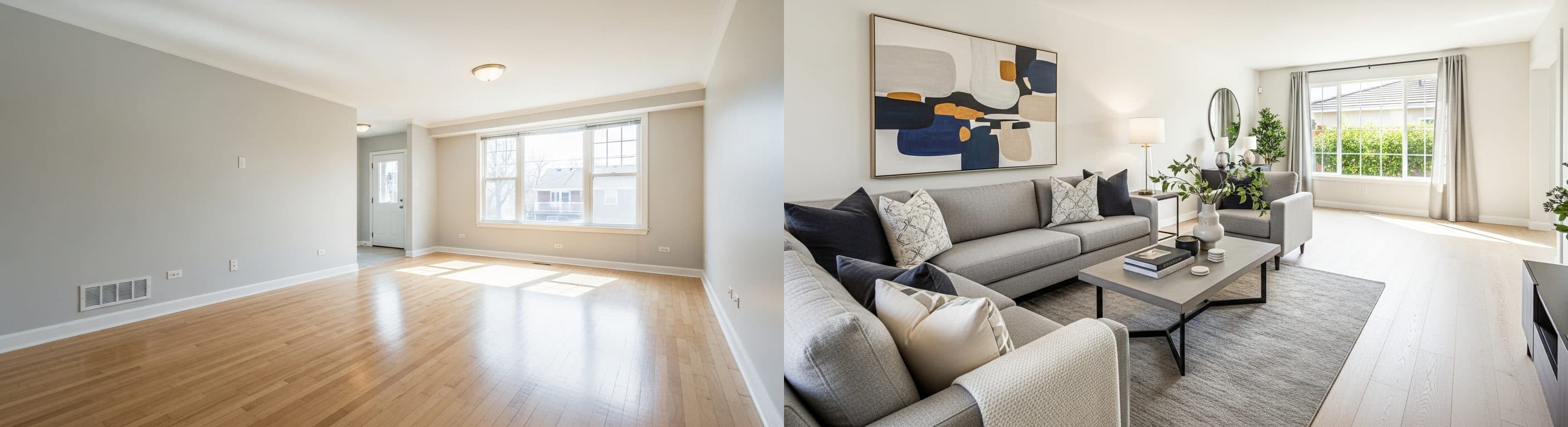 Wohnzimmer: Vorher vs. Nachher virtuelles Staging