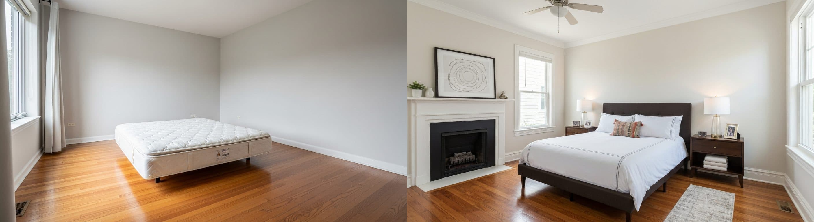 Schlafzimmer: Vorher vs. Nachher virtuelles Staging