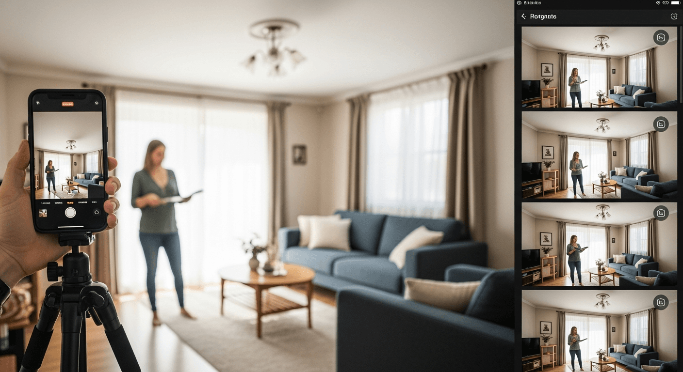 Hausbesitzer fotografiert ein gut inszeniertes Wohnzimmer mit natürlichem Licht mit dem Smartphone