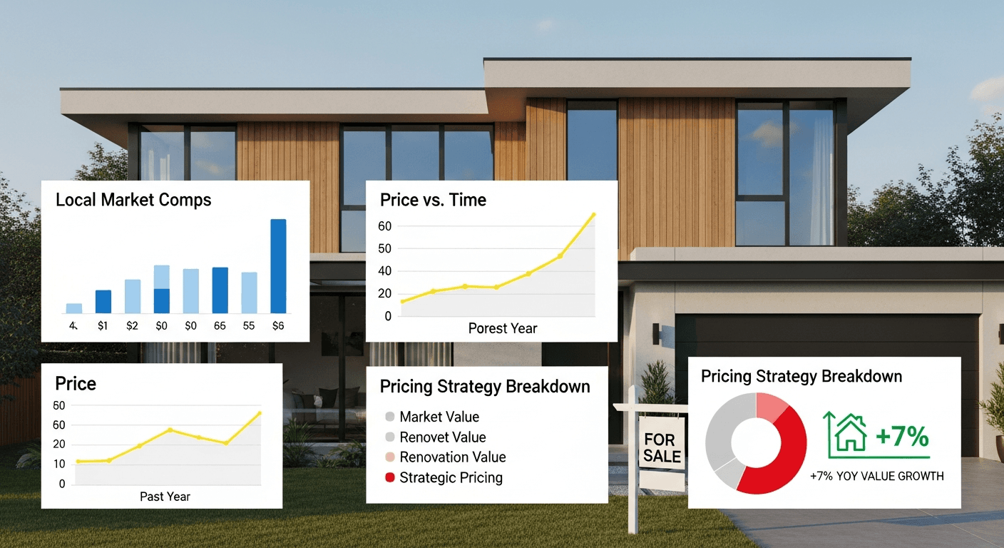 Ein modernes Haus von außen mit einem 'Zu verkaufen'-Schild, überlagert mit Preisdiagrammen und Marktdaten-Symbolen