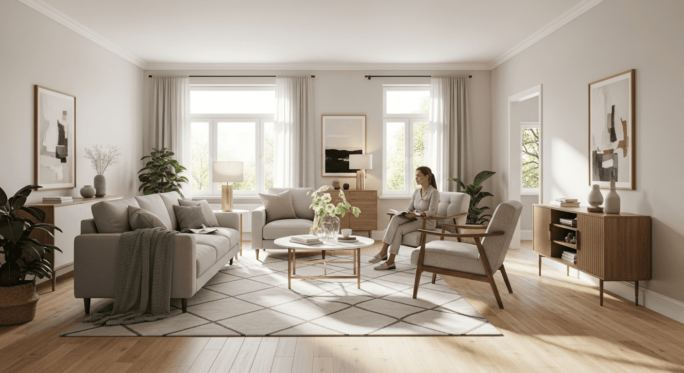Cozy sunlit living room with modern furnishings, evoking a welcoming home atmosphere