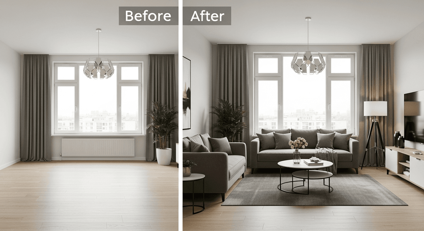 Living Room: before vs after virtual staging