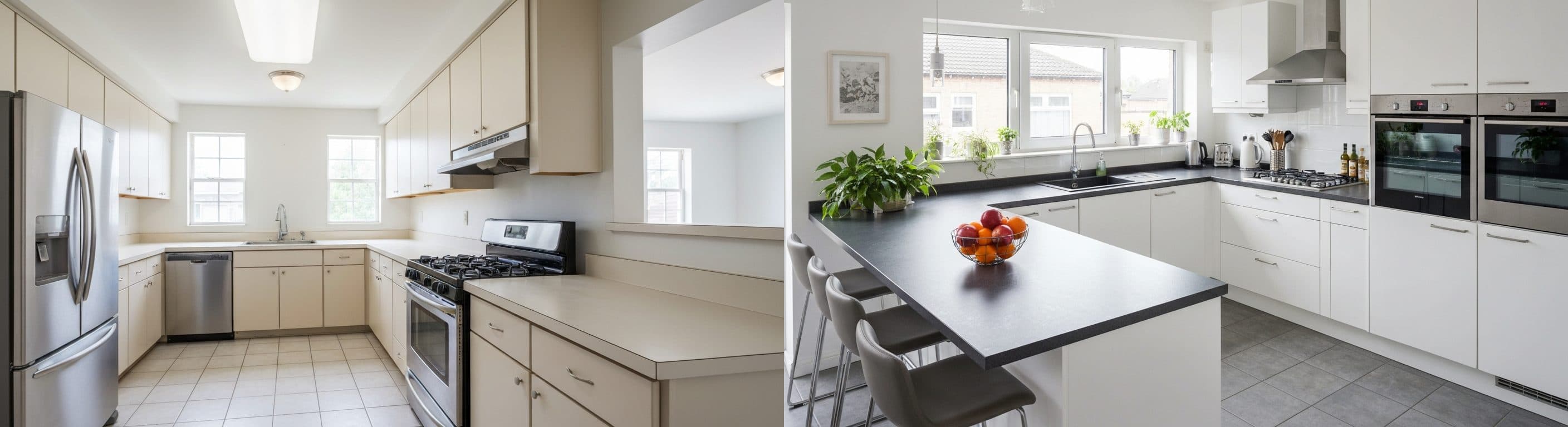 Küche: vor vs. nach virtuellem Staging