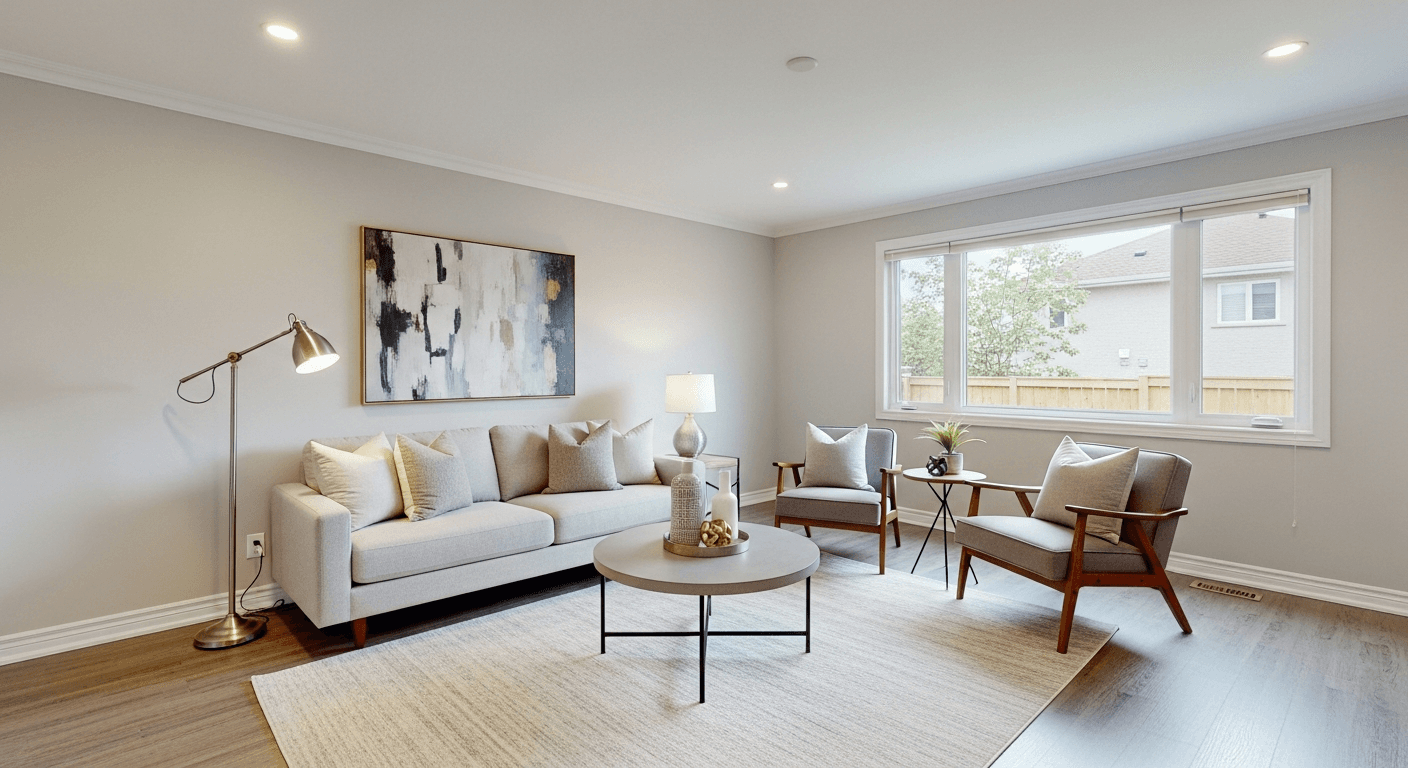 Modernes Wohnzimmer virtuell inszeniert, um Haus in schwachem Markt schneller zu verkaufen