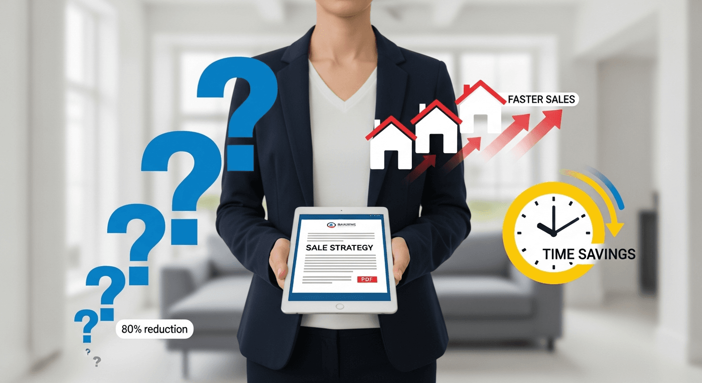 Illustration eines Immobilienmaklers, der einem Kunden ein Verkäufer-FAQ-PDF überreicht, mit Symbolen für reduzierte Fragen und schnellere Verkäufe