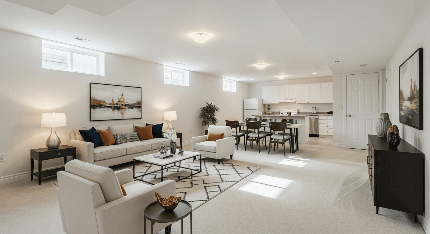 Virtuell inszenierte helle Kellerwohnung mit modernen Möbeln und simuliertem Tageslicht