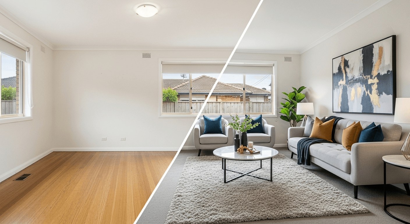 Kleines dunkles Schlafzimmer: vor vs. nach virtuellem Staging