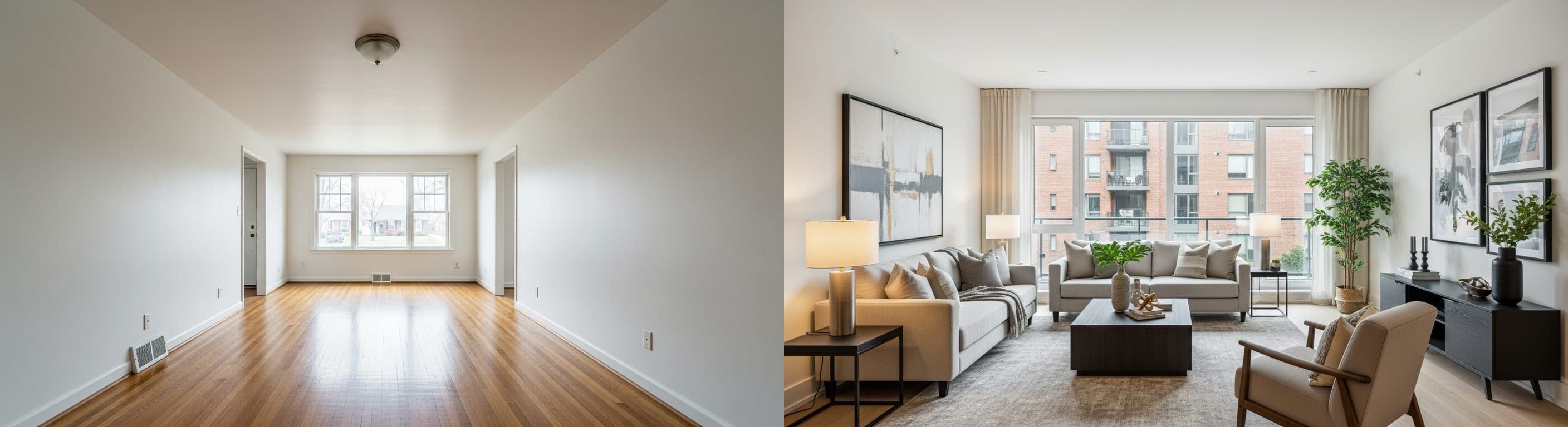 Wohnzimmer: Vorher vs. nachher virtuelles Staging