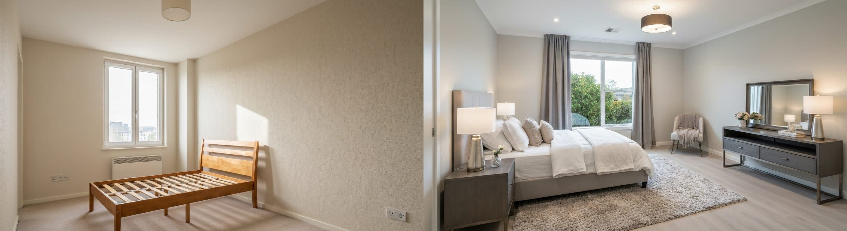 Schlafzimmer: Vorher vs. nachher virtuelles Staging