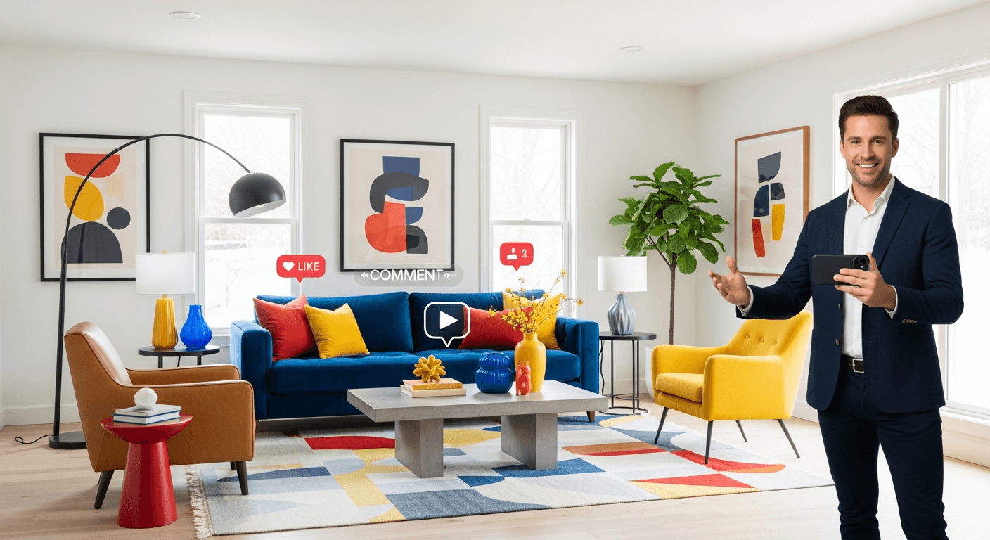 Dynamisches Instagram Reel, das eine Immobilienbesichtigung mit virtuellen Staging-Elementen zeigt