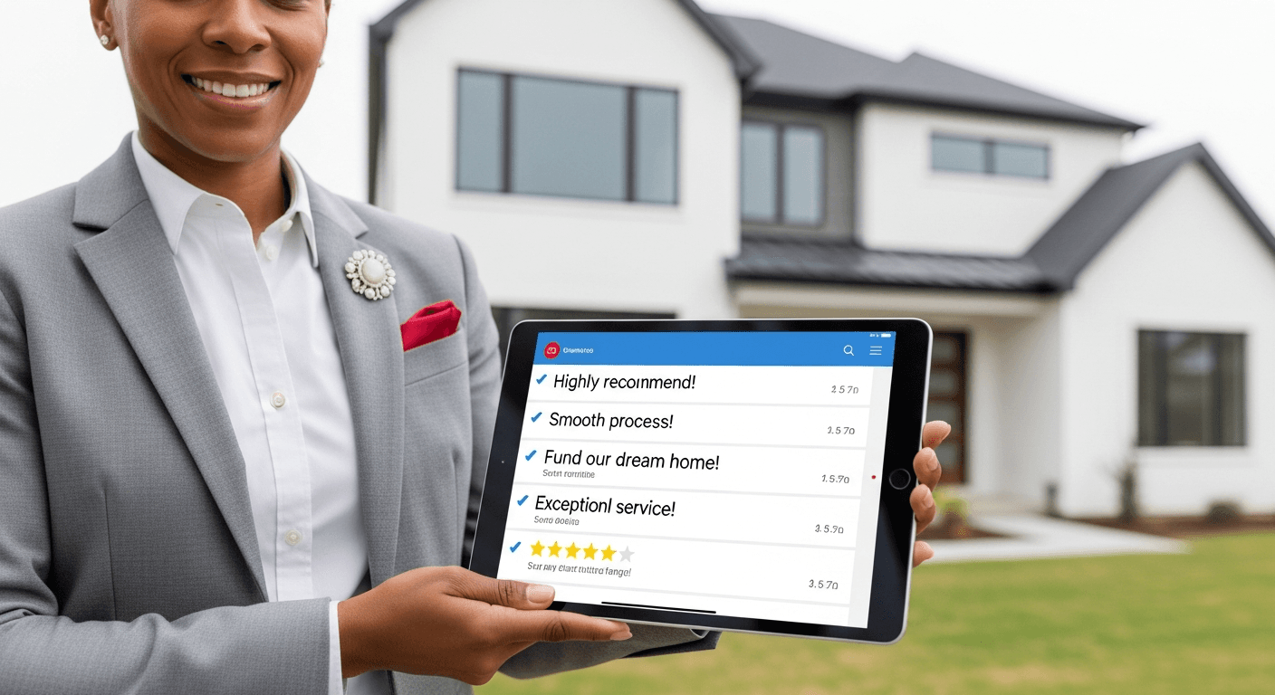 Illustration eines Immobilienmaklers, der Kundenreferenzen in einem Immobilieninserat präsentiert