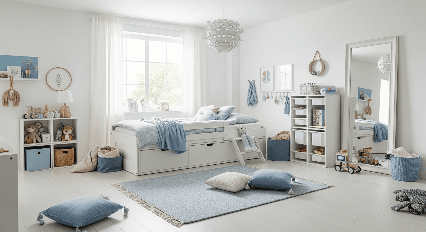 Geräumiges und ruhiges, gestagtes Kinderzimmer mit hellen Farben und minimalistischen Möbeln