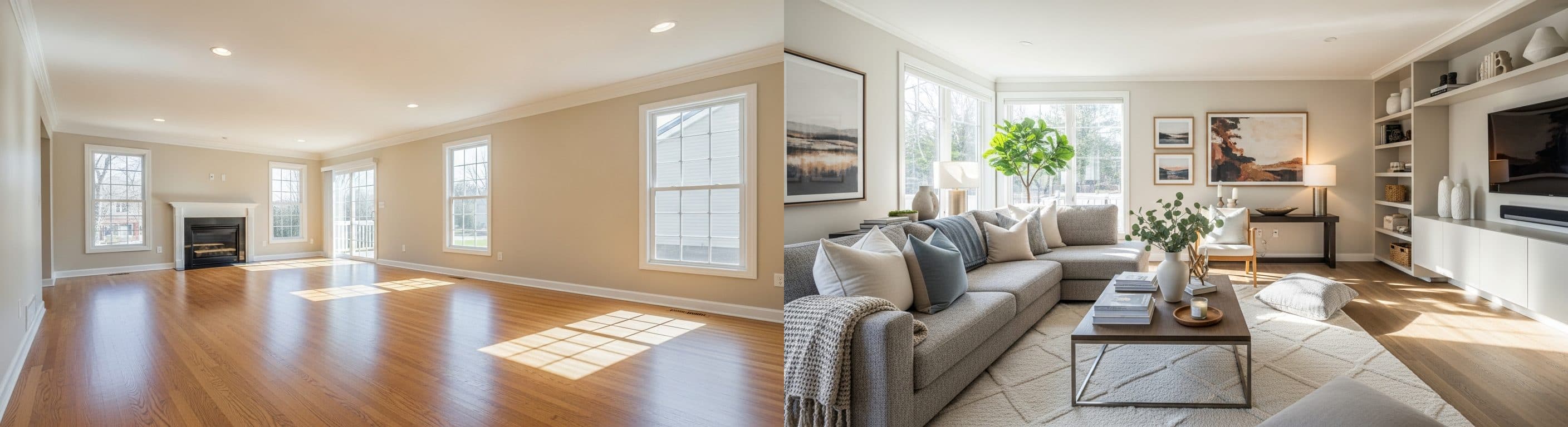 Wohnzimmer: Vorher vs. Nachher virtuelles Staging