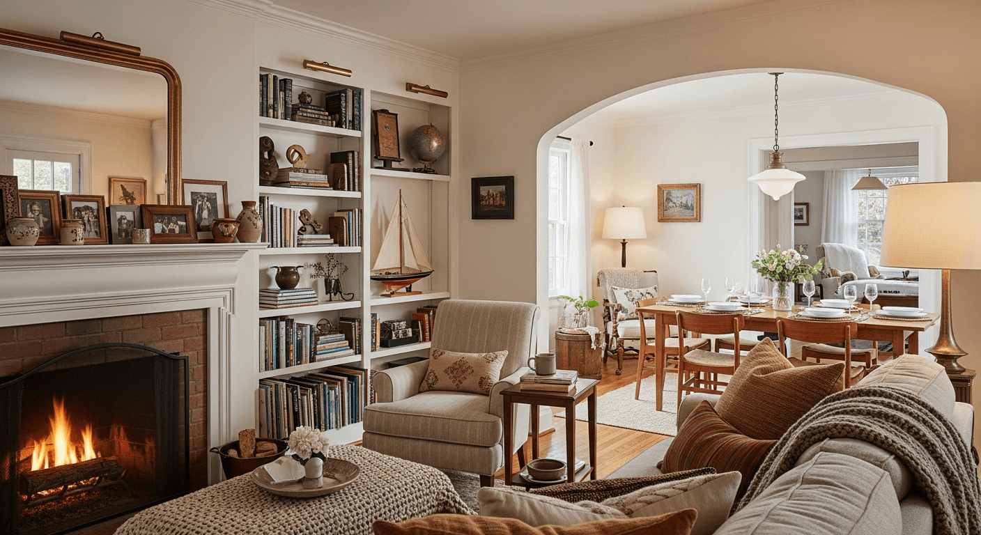 Ein gemütliches Wohnzimmer, das so inszeniert ist, dass es eine Geschichte von Familienzusammenkünften erzählt und Wärme und Emotionen im Immobilienverkauf weckt