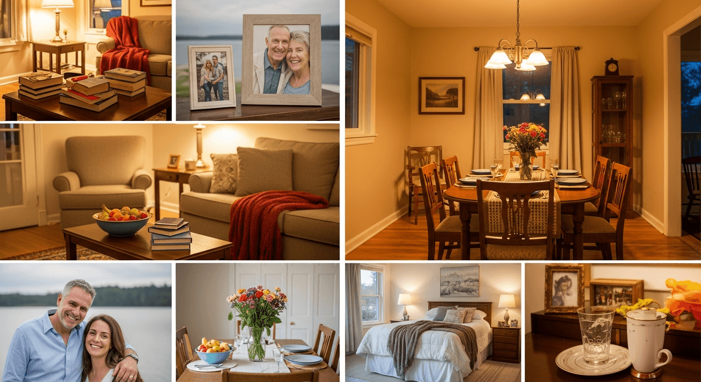 Ein gemütliches Wohnzimmer, das so inszeniert ist, dass es Familienerinnerungen weckt und Storytelling im Immobilienvertrieb veranschaulicht