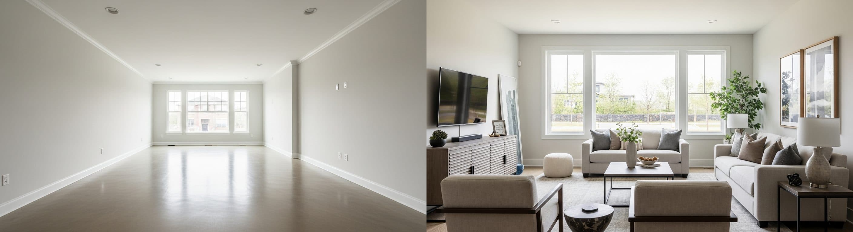 Wohnzimmer: vor vs. nach virtuellem Staging