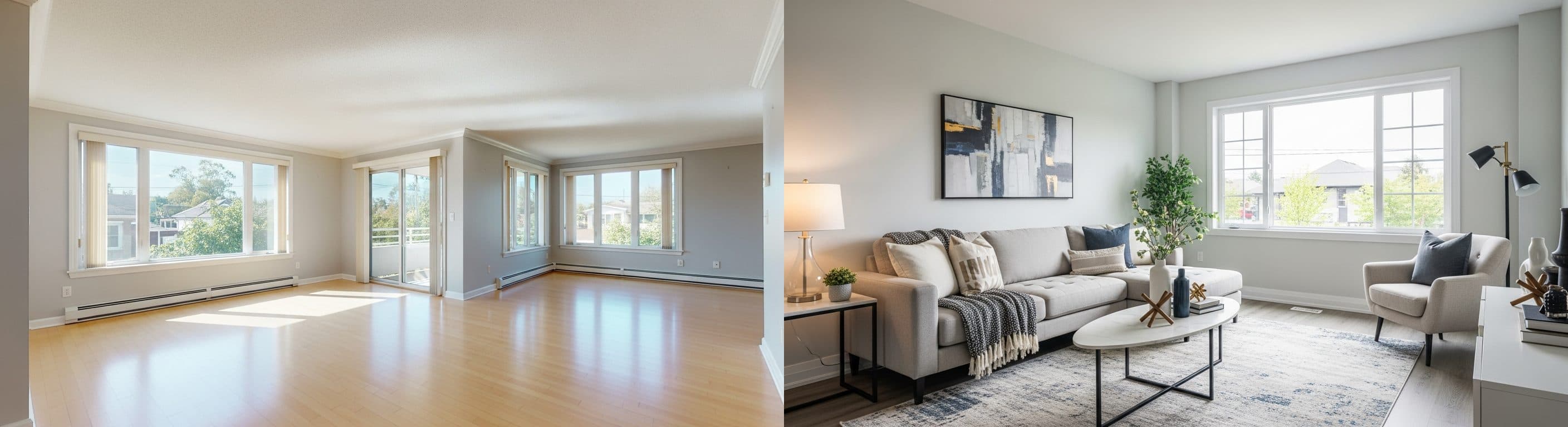 Wohnzimmer: vor vs. nach virtuellem Staging