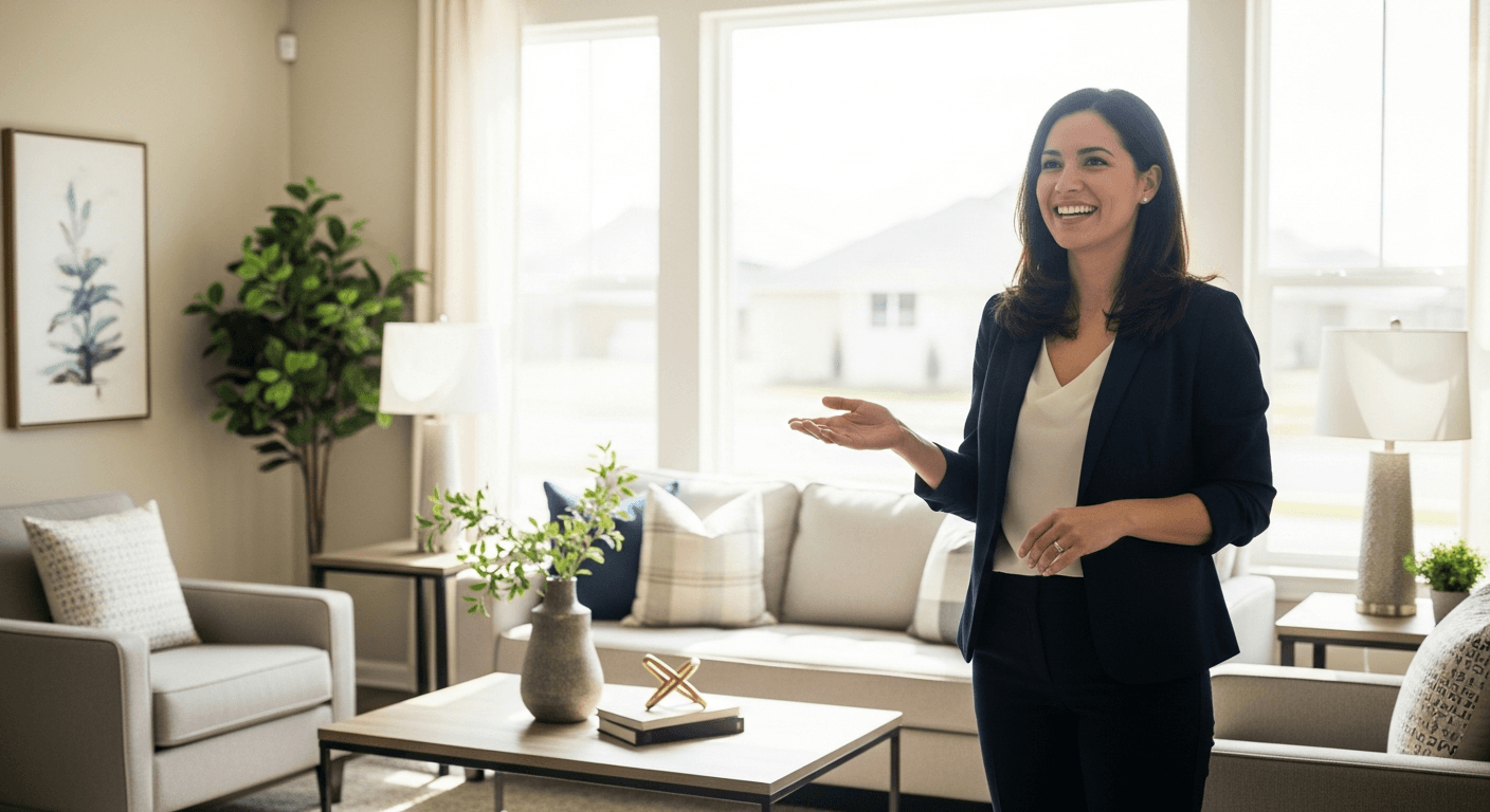 Ein selbstbewusster Hausbesitzer bespricht Verkaufsgründe mit einem Käufer in einem wunderschön inszenierten Wohnzimmer