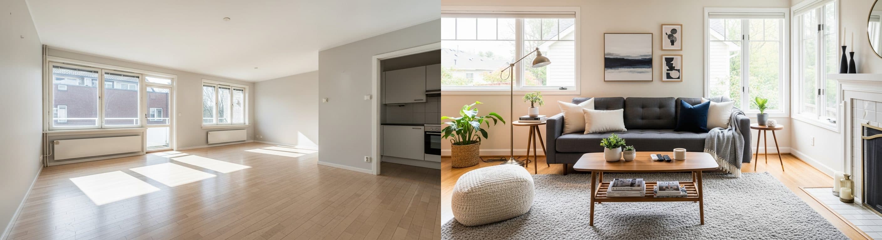 Wohnzimmer: vor vs. nach virtuellem Staging