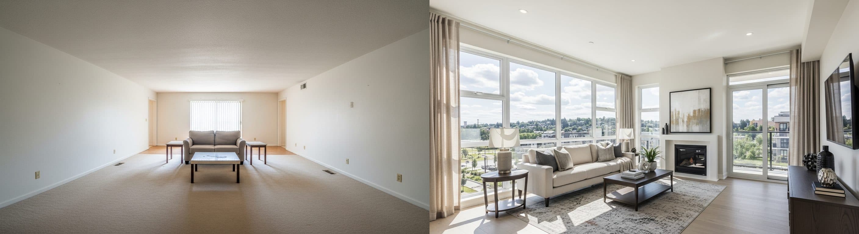 Wohnzimmer: vor vs. nach virtuellem Staging