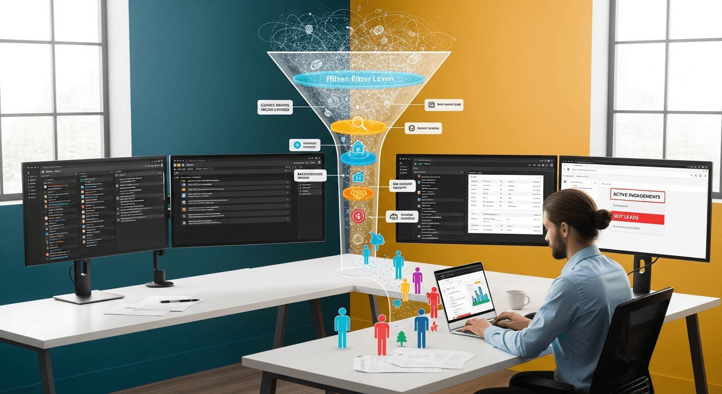 Illustration eines Immobilienmaklers, der einen Stapel von Anfragen-E-Mails mit einem Filtersymbol sortiert