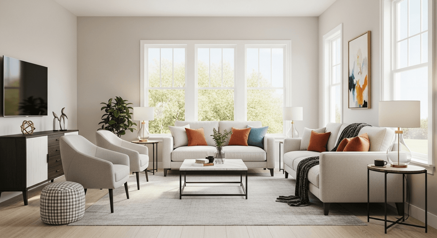 Ein wunderschön inszeniertes Wohnzimmer, das potenzielle Käufer dazu anregt, Besichtigungen zu vereinbaren