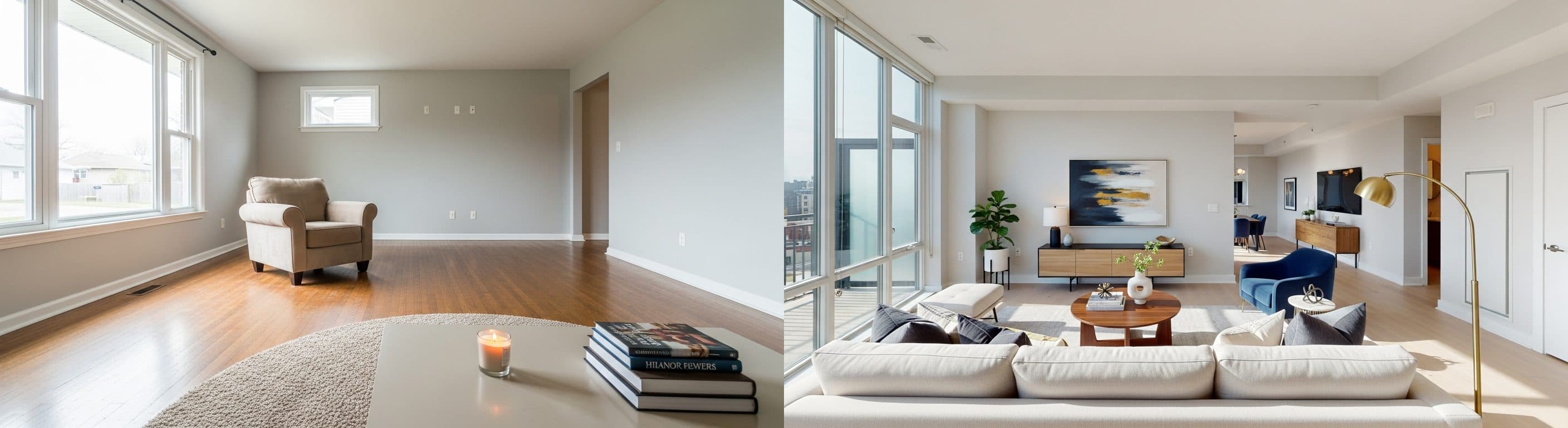 Wohnzimmer: vor vs. nach virtuellem Staging