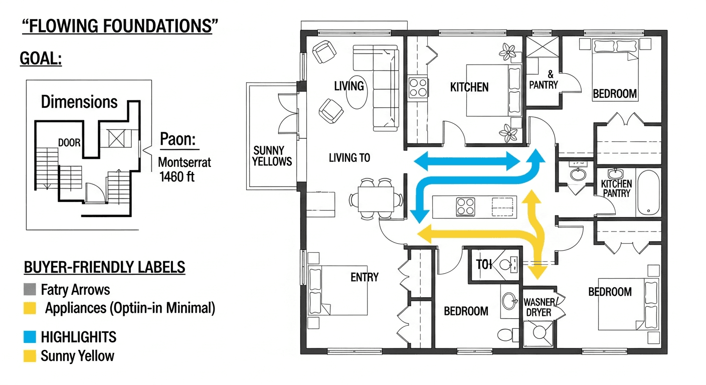 Illustration eines detaillierten Hausgrundrisses mit Anmerkungen für Käufer