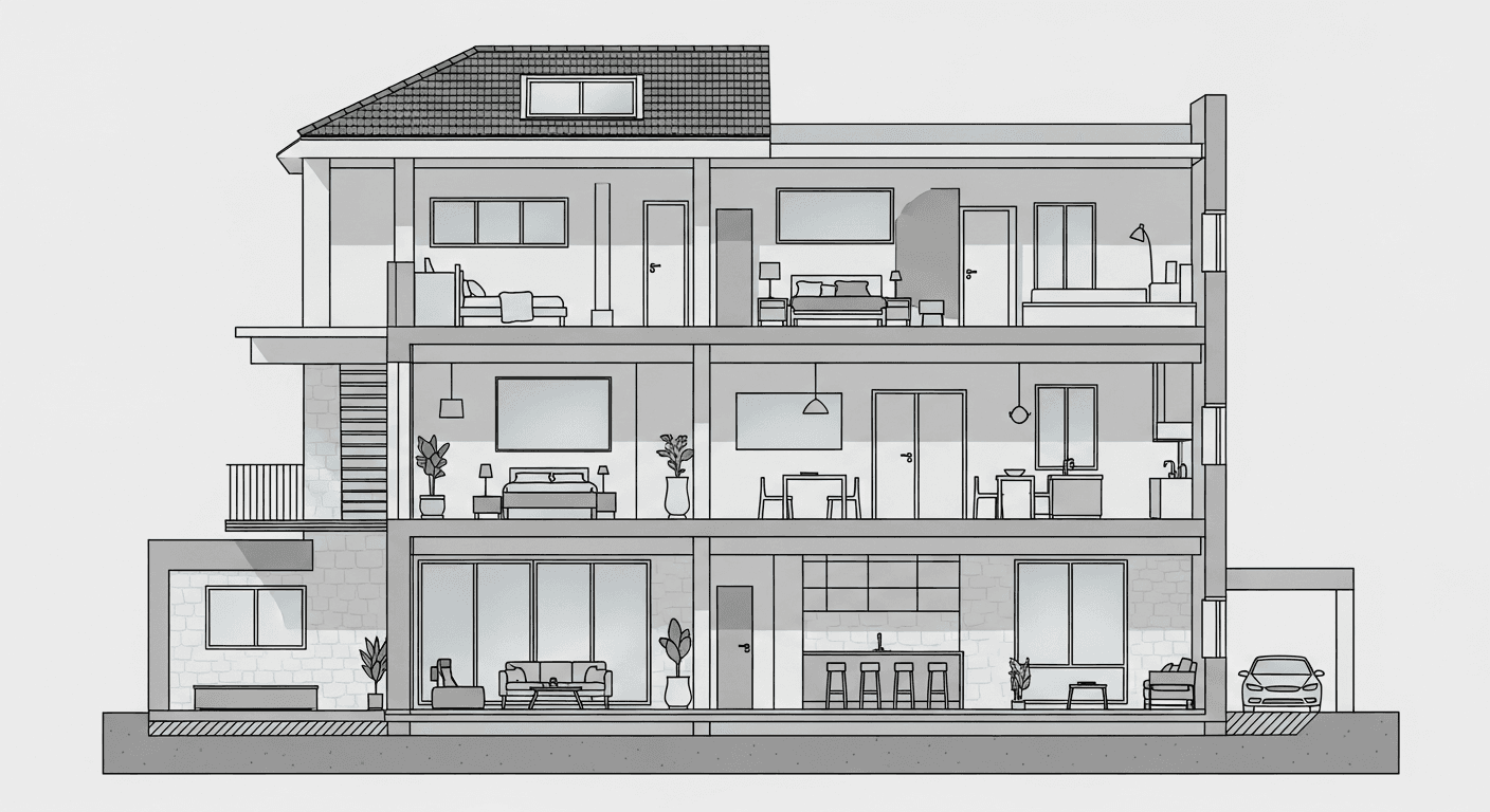 Illustration eines Hauses, das in Abschnitte unterteilt ist und die Unterschiede zwischen Wohnfläche, Nutzfläche und Grundfläche zeigt
